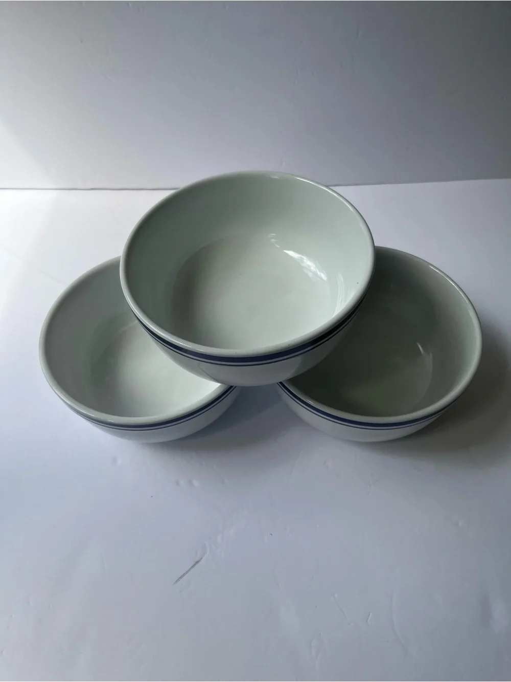 Pottery Barn 3 Blue White Stripe Coupe Cereal Soup Bowls Classic Coastal Retired